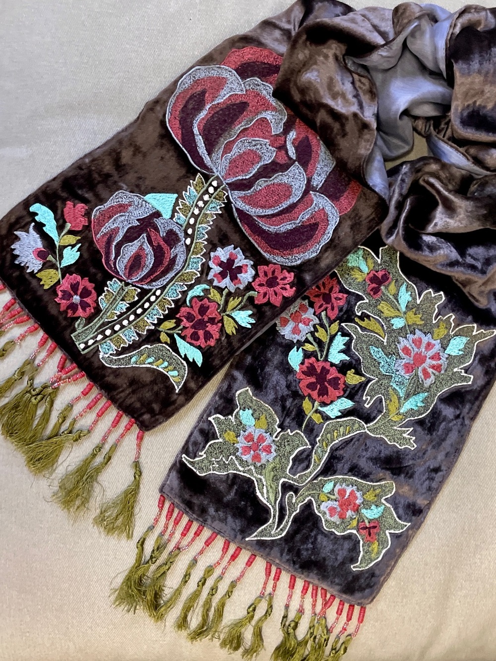 Chan Luu | Embroidered Velvet Floral Scarf w/ Beaded Fringe NWOT